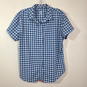 Rabbit Women Shirt Short Sleeve Blue Plaid Snap Front Perforated Trail Top LG